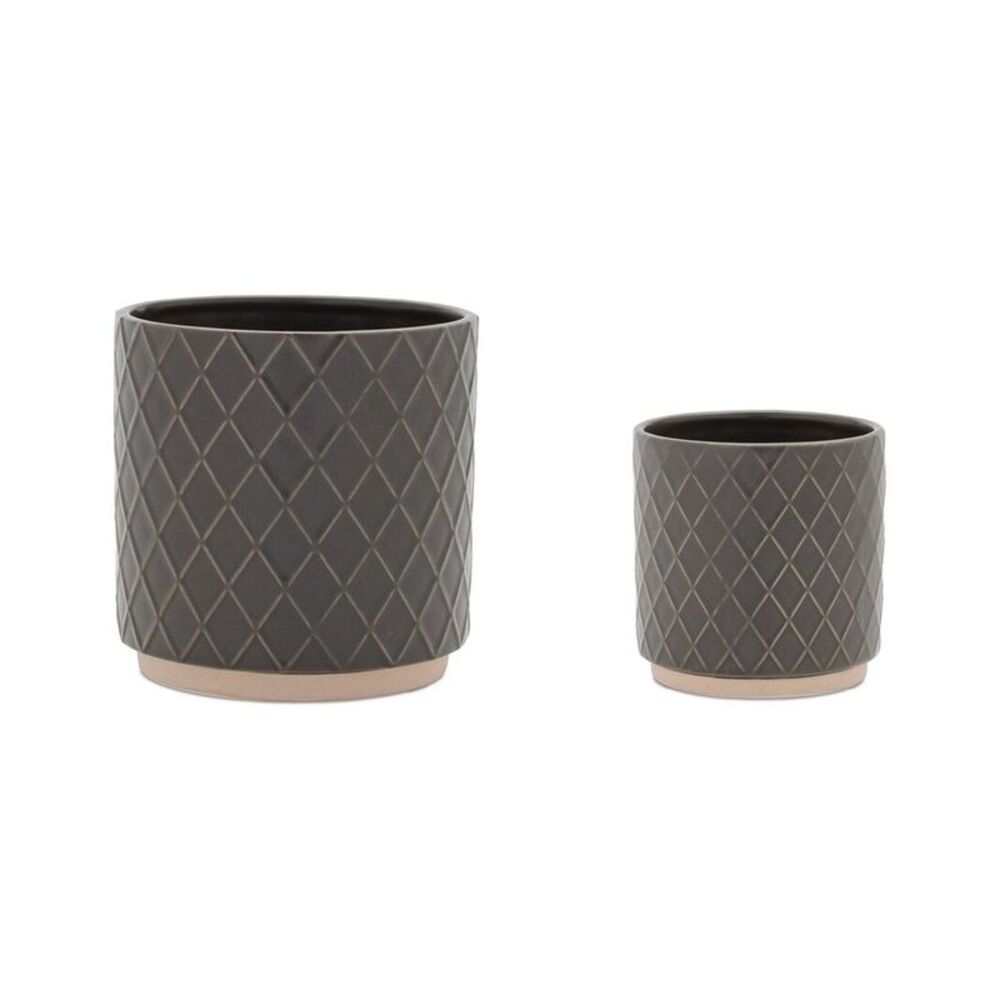 Melrose International Set Of 2 Ceramic Diamond Pattern Planter, Grey